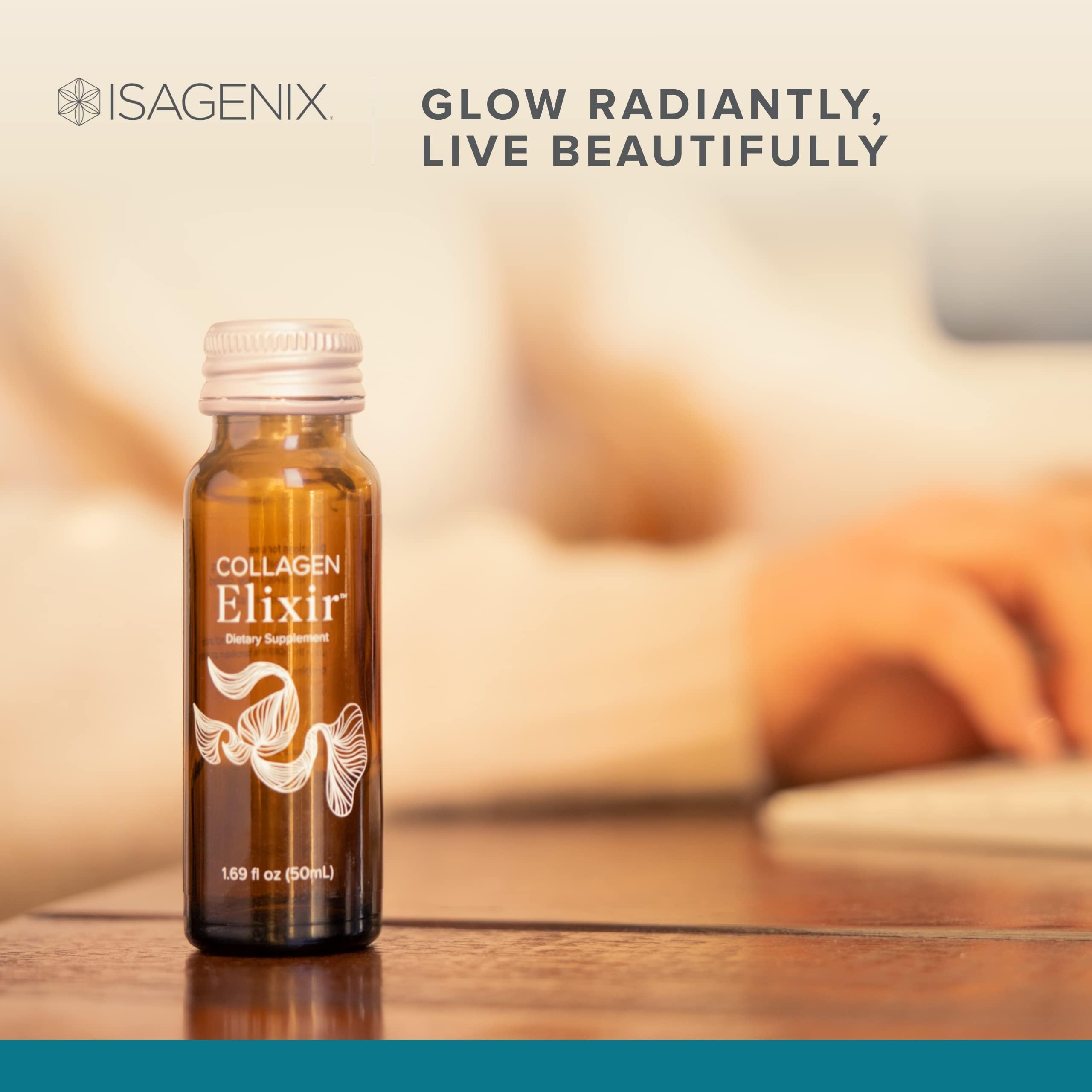 Isagenix Collagen Elixir en mano para ilustrar fácil transporte y consumo inmediato