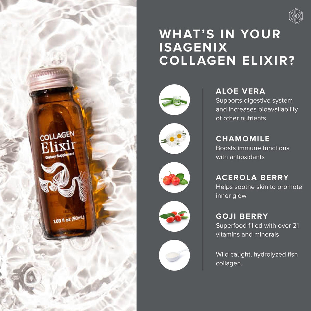 Isagenix Collagen Elixir detalle de textura y color, muestra consistencia ligera