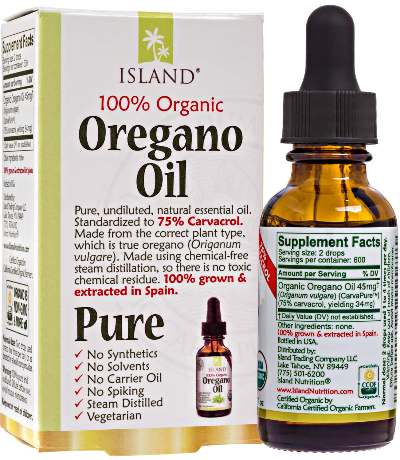 Island Nutrition gotas de aceite de orégano resaltando su textura concentrada