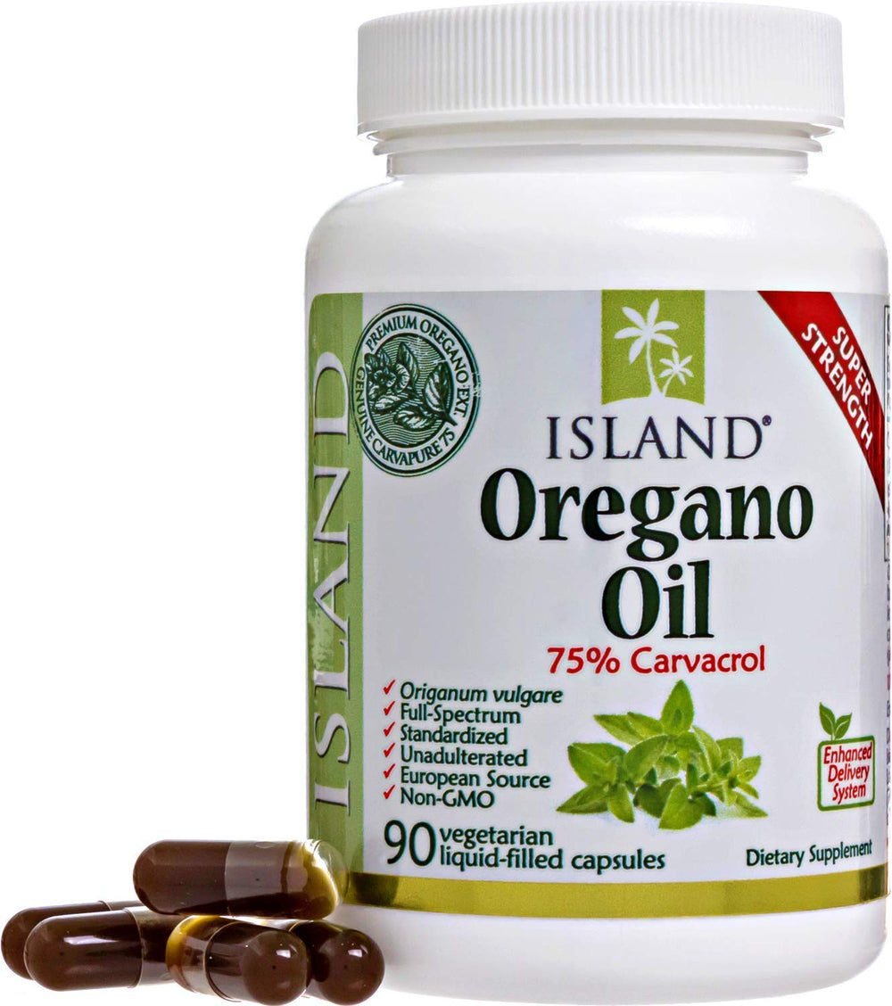 Island Nutrition frasco frontal del aceite de orégano mostrando etiqueta clara y beneficios