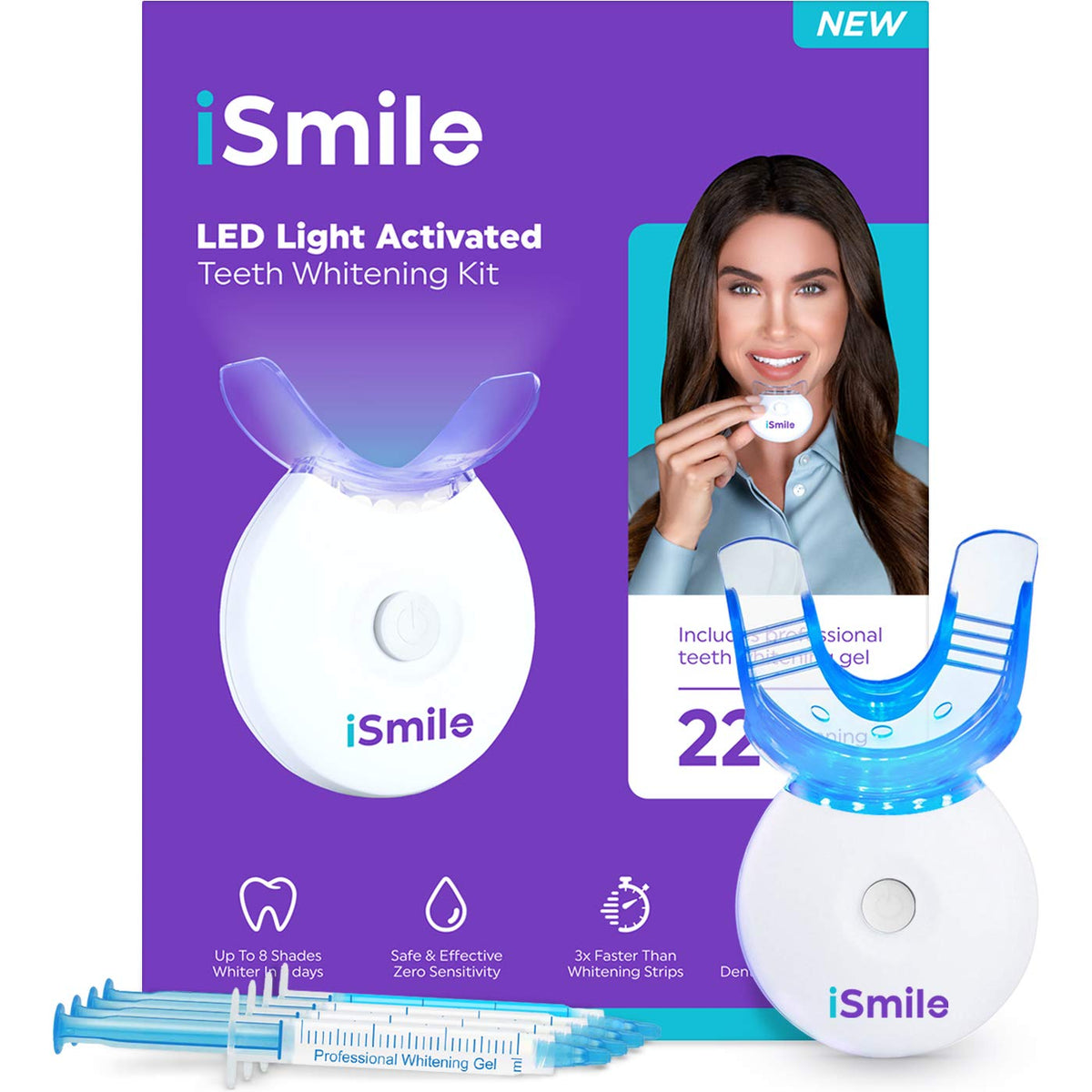 iSmile kit vista frontal mostrando lámpara y jeringas, fácil inicio