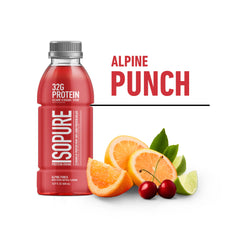 Isopure Alpine Punch junto a objetos para comparar tamaño de botella