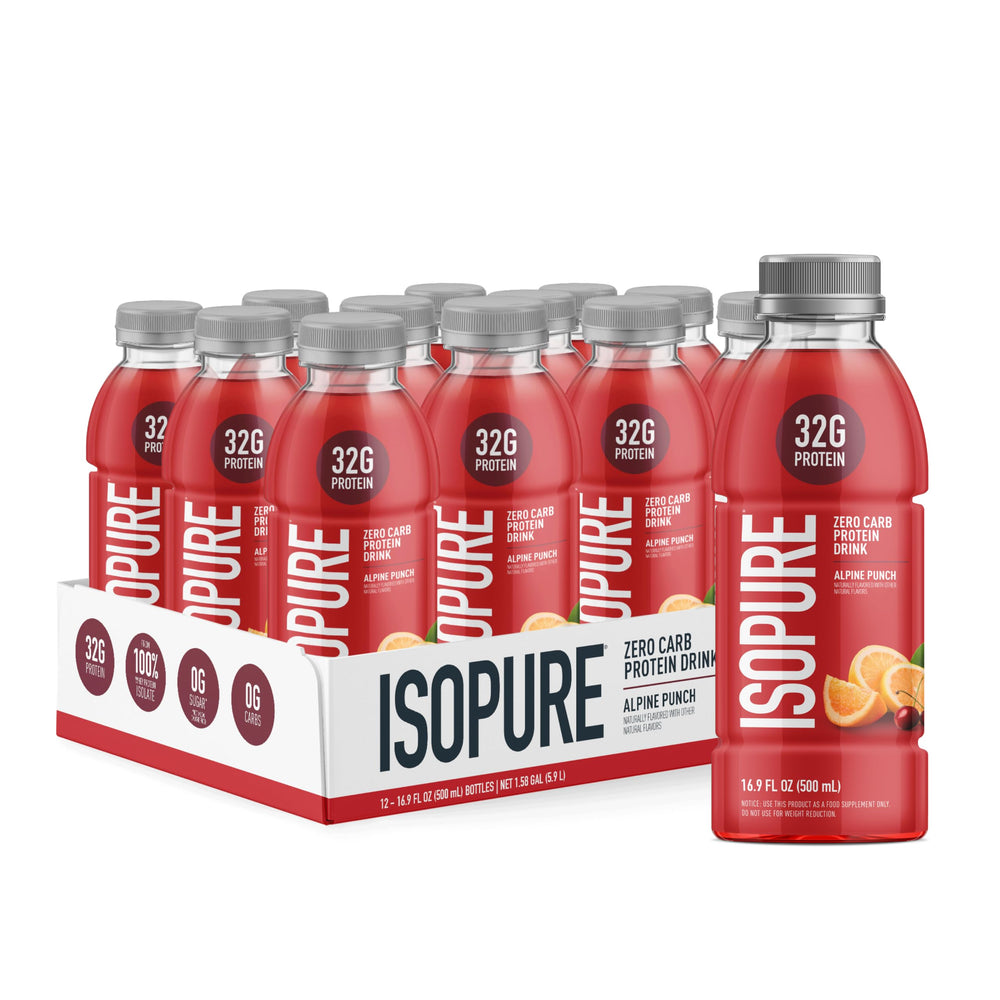 Isopure botella frontal Alpine Punch mostrando diseño y marca Isopure