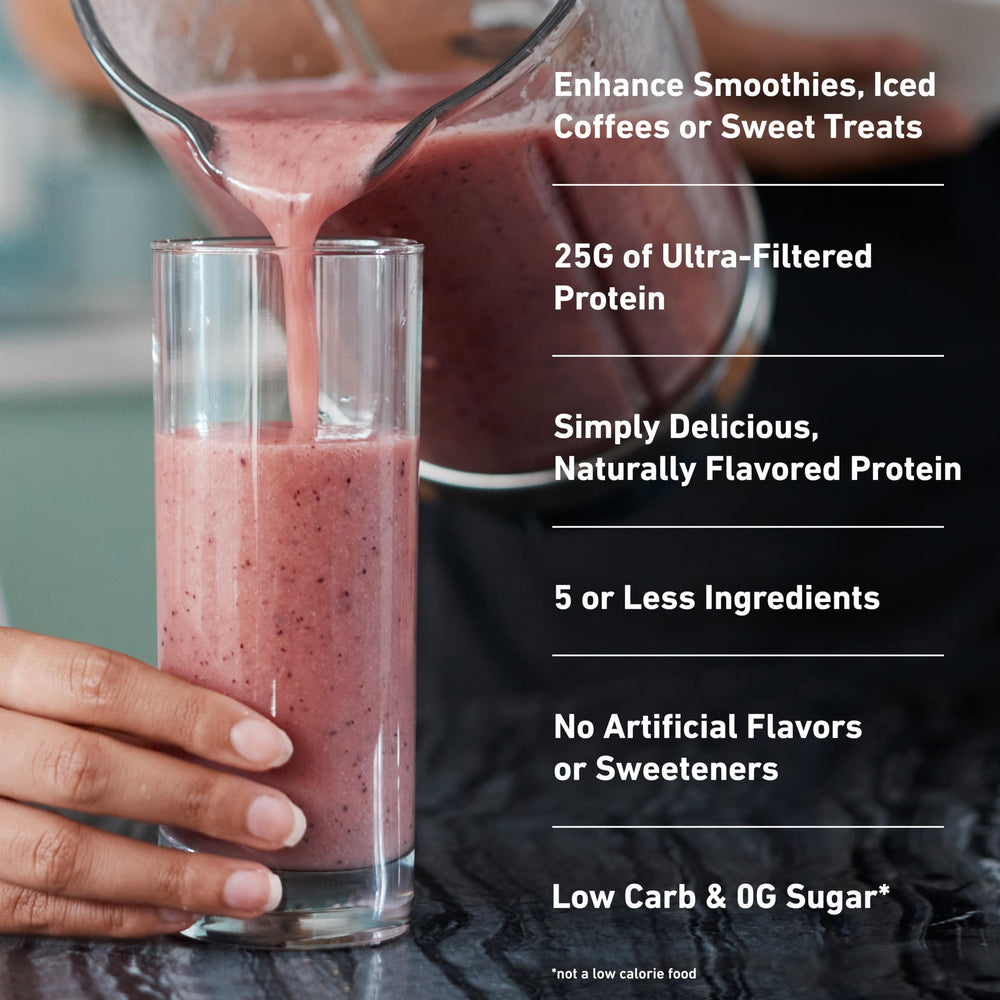 Isopure batido de fresa en vaso, bebida proteica lista para recuperación y sabor