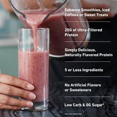 Isopure batido de fresa en vaso, bebida proteica lista para recuperación y sabor