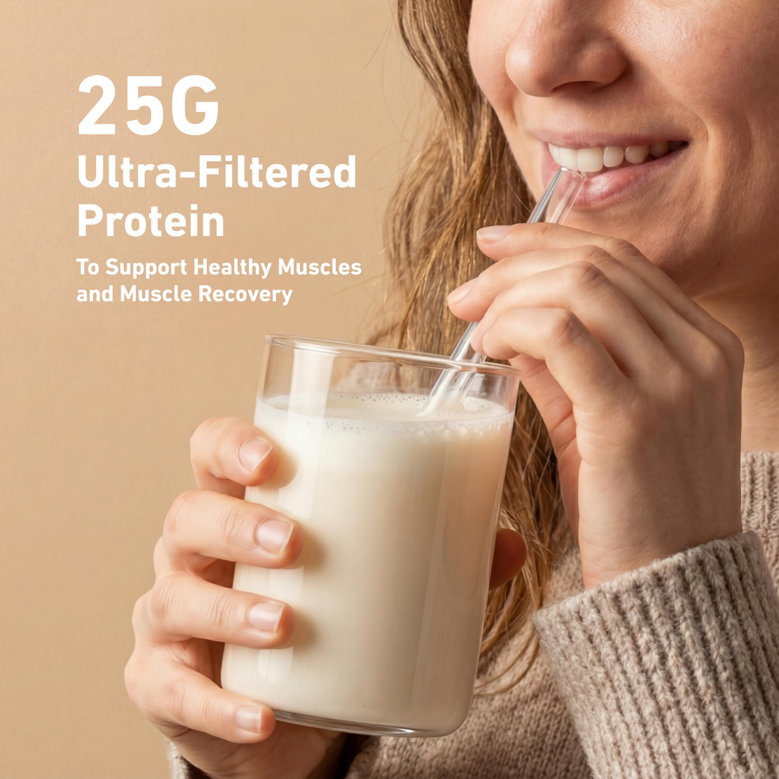 Vaso con batido Isopure sabor coco tostado listo para beber, aporte proteico rápido