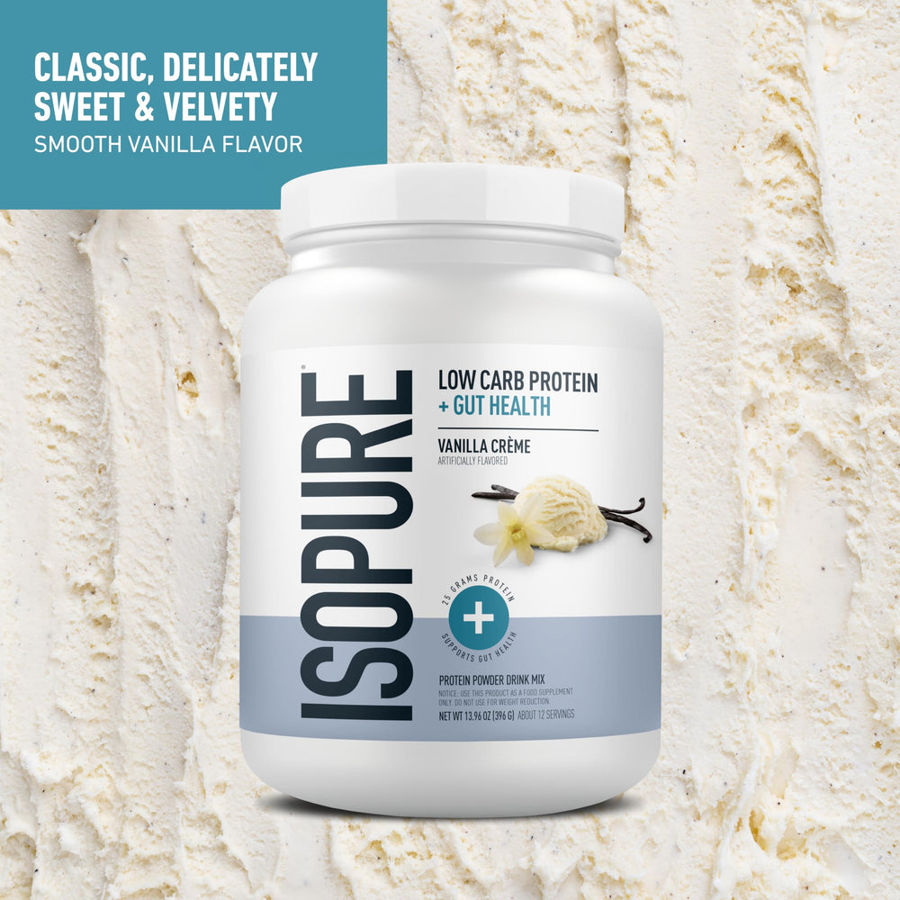 Vaso con batido Isopure Vainilla Crème listo para beber y aportar proteína tras el ejercicio