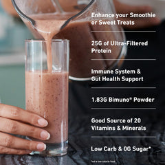 Isopure batido preparado en vaso, sabor chocolate cremoso y nutritivo