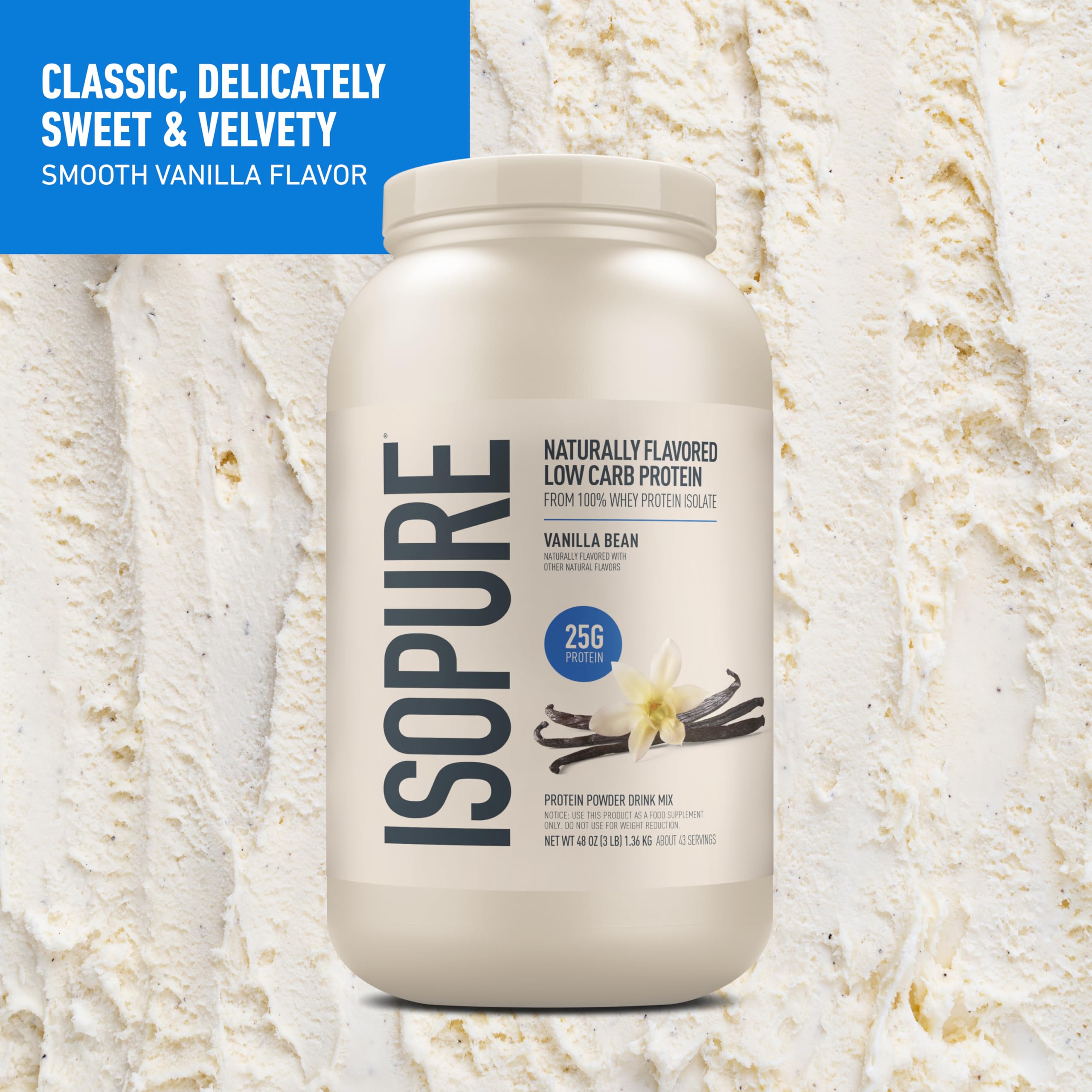 Batido preparado con Isopure Vainilla en vaso, aporte de 25 g de proteína para recuperacion