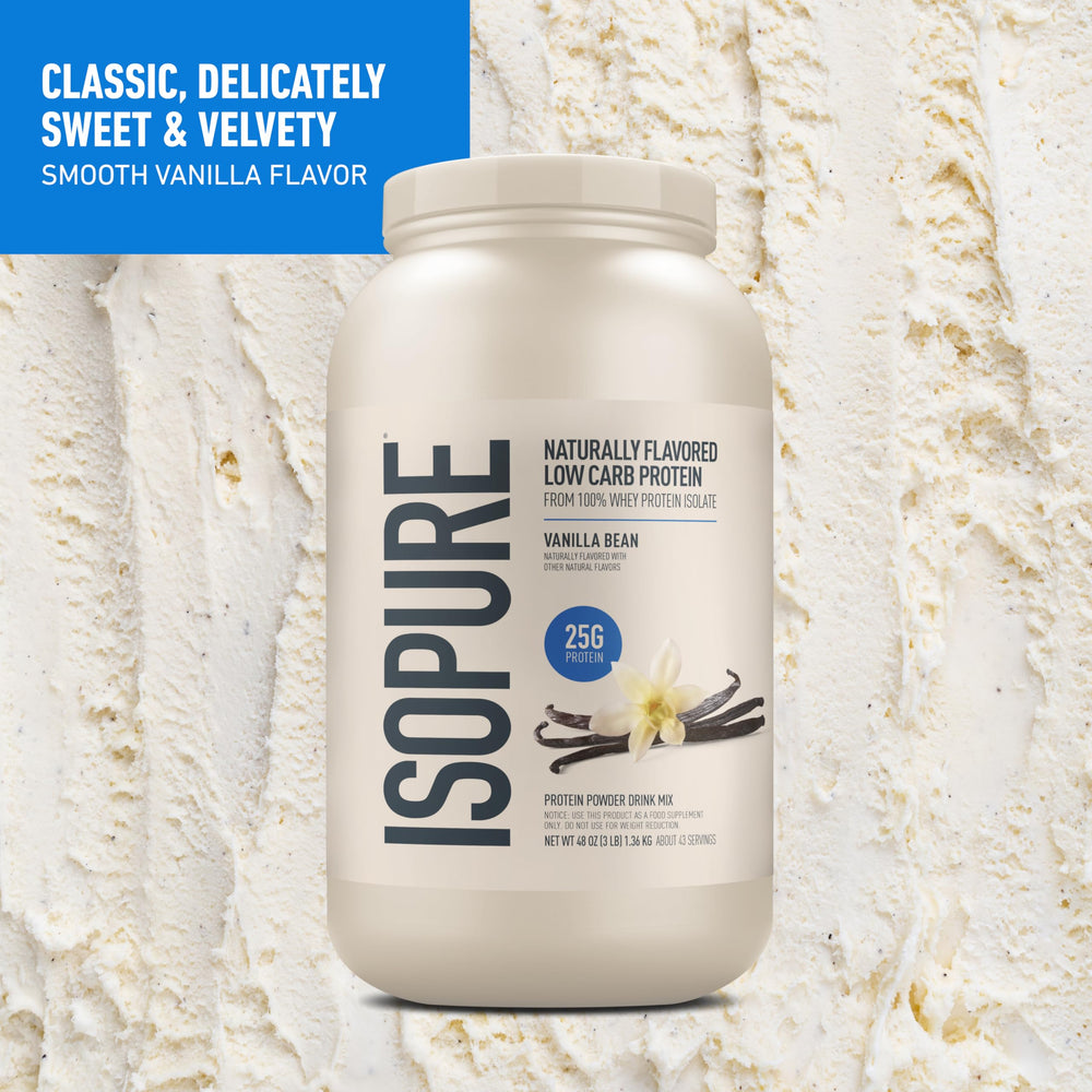 Batido preparado con Isopure Vainilla en vaso, aporte de 25 g de proteína para recuperacion