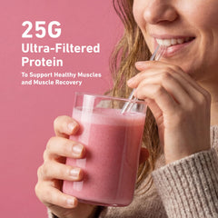 Isopure batido servido en vaso mostrando textura cremosa y 25 g de proteína