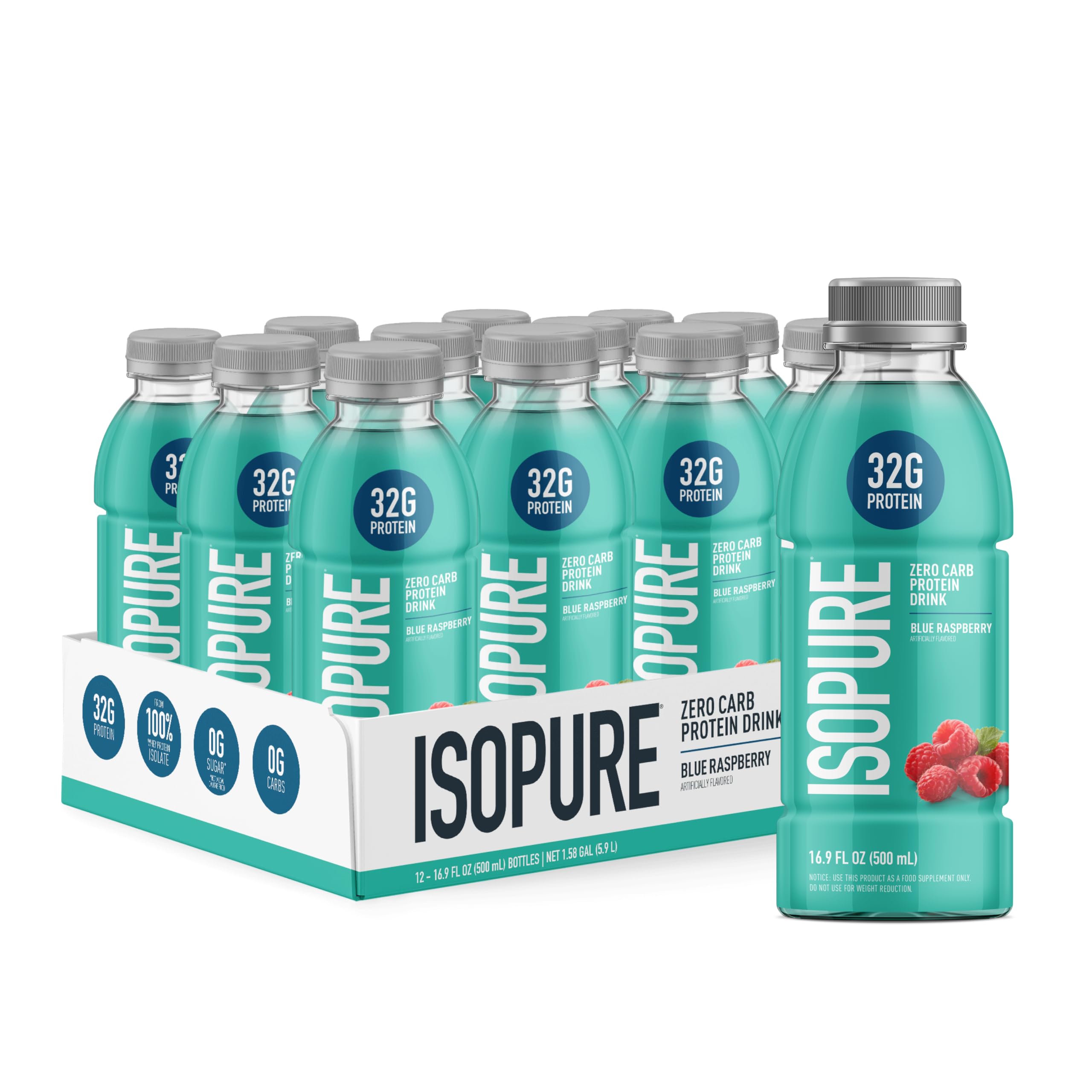 Isopure botella Blue Raspberry frente del empaque mostrando etiqueta y sabor