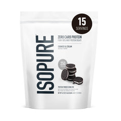 Isopure bolsa frontal Cookies & Cream mostrando diseño y beneficio proteico
