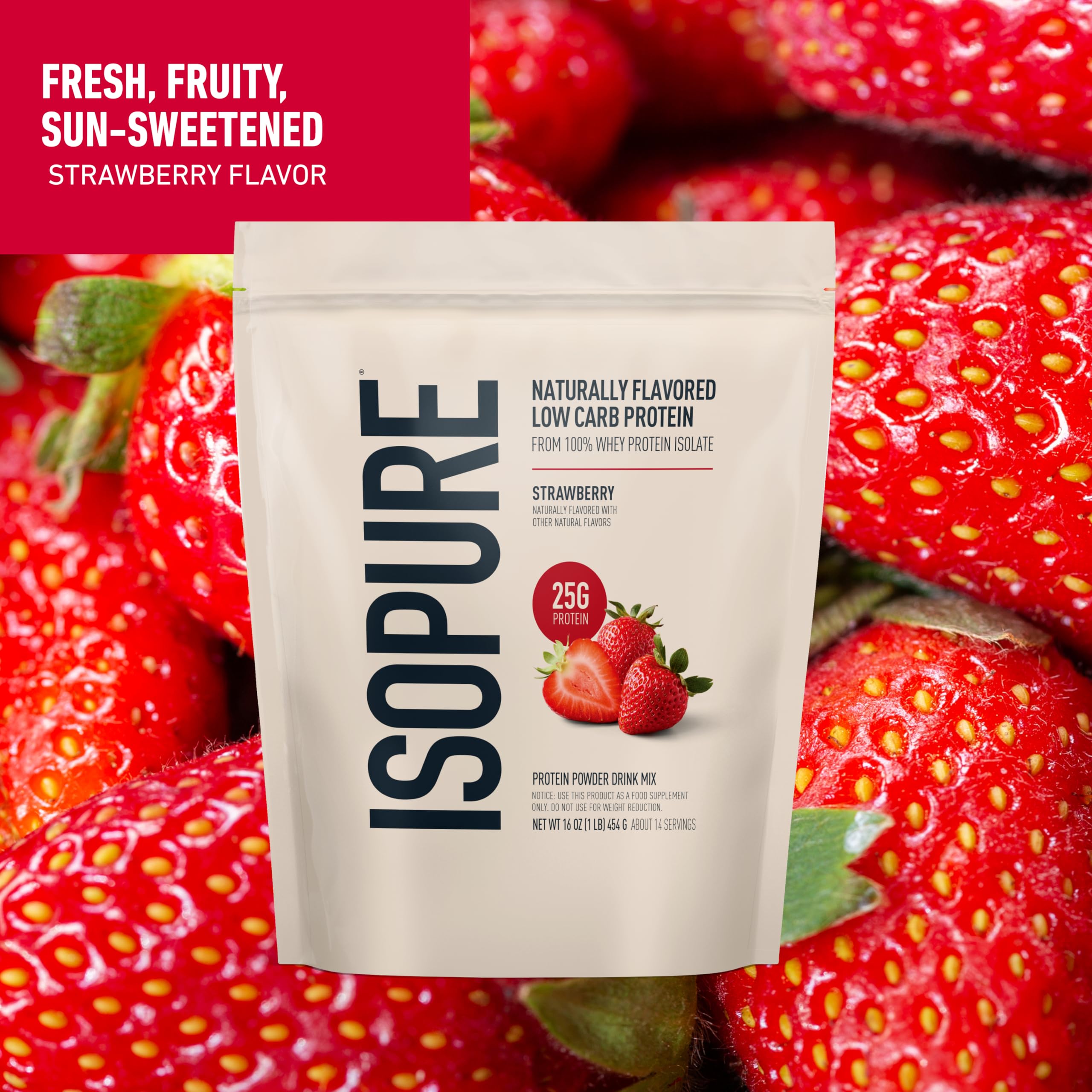 Isopure cazo con polvo fresa listo para mezclar que facilita porciones precisas