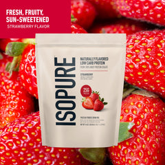 Isopure cazo con polvo fresa listo para mezclar que facilita porciones precisas