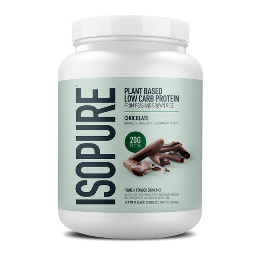 Isopure envase chocolate frente mostrando etiqueta y beneficio limpio