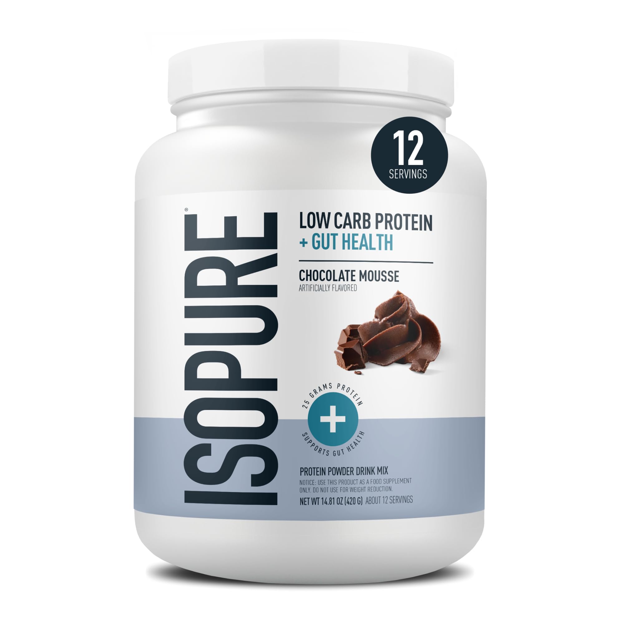 Isopure envase frontal chocolate mousse, apariencia atractiva y clara