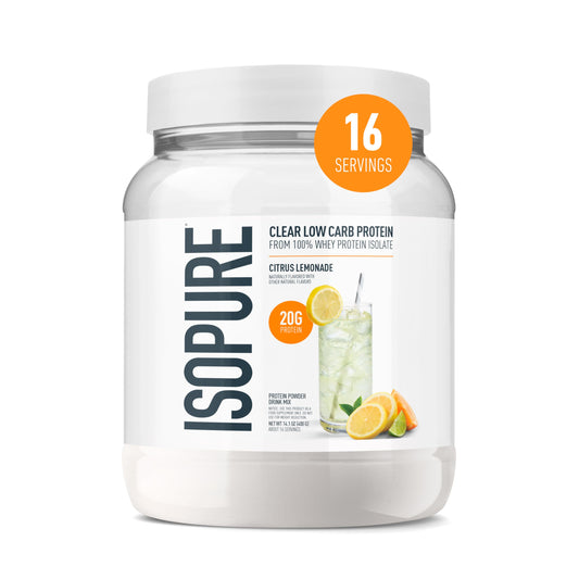 Isopure envase frontal mostrando sabor Citrus Lemonade y claridad refrescante
