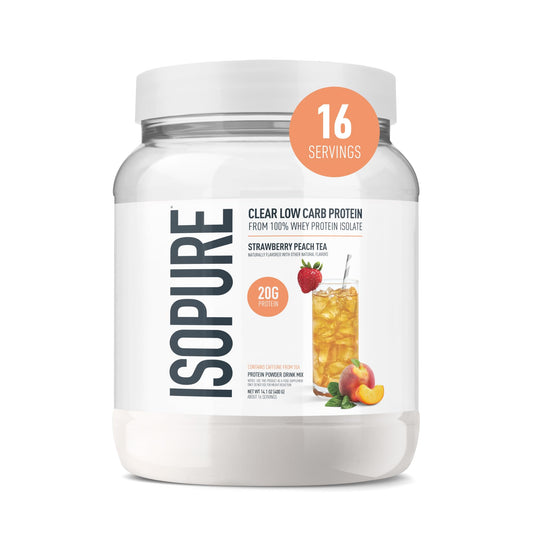 Isopure envase frontal mostrando sabor fresa durazno y beneficio refrescante