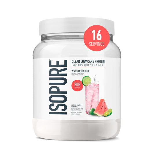 Isopure envase frontal mostrando la marca y beneficio de 20 g proteína