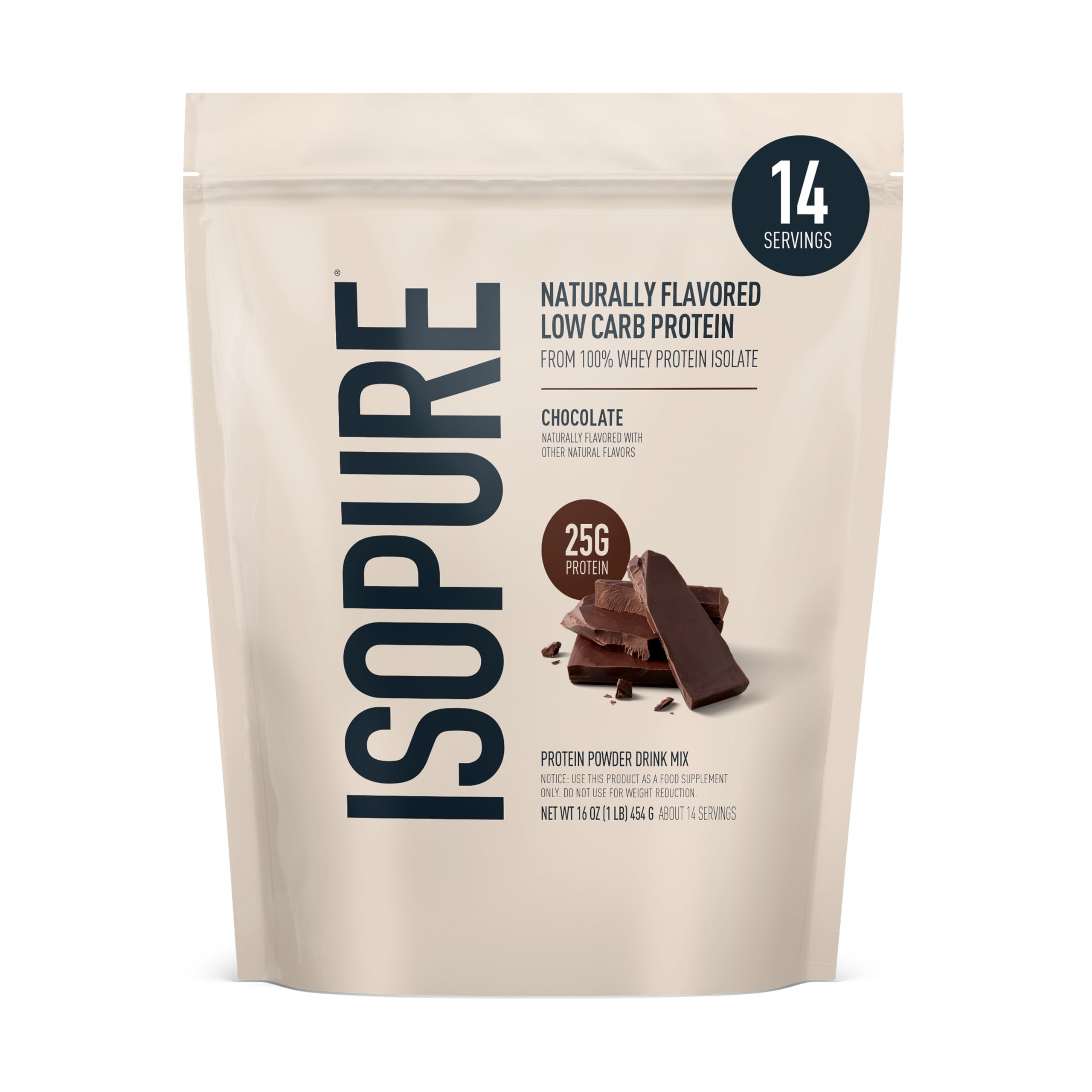 Isopure envase Dark Chocolate frente mostrando marca y conveniencia