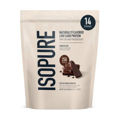 Isopure envase Dark Chocolate frente mostrando marca y conveniencia