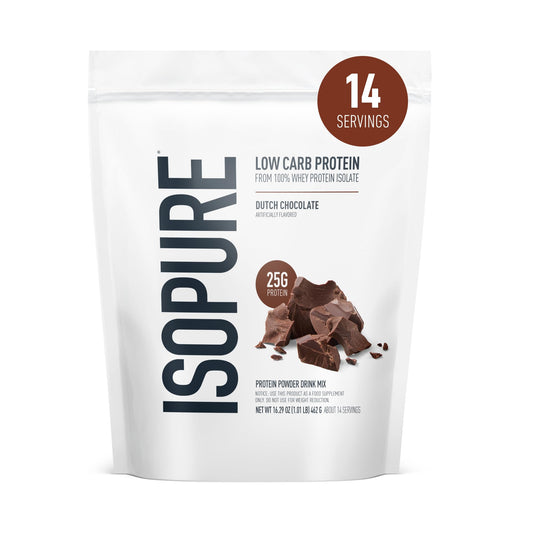 Isopure paquete frontal sabor Dutch Chocolate mostrando presentación y beneficio proteico