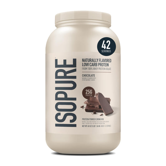 Isopure envase frontal sabor chocolate muestra limpieza y conveniencia