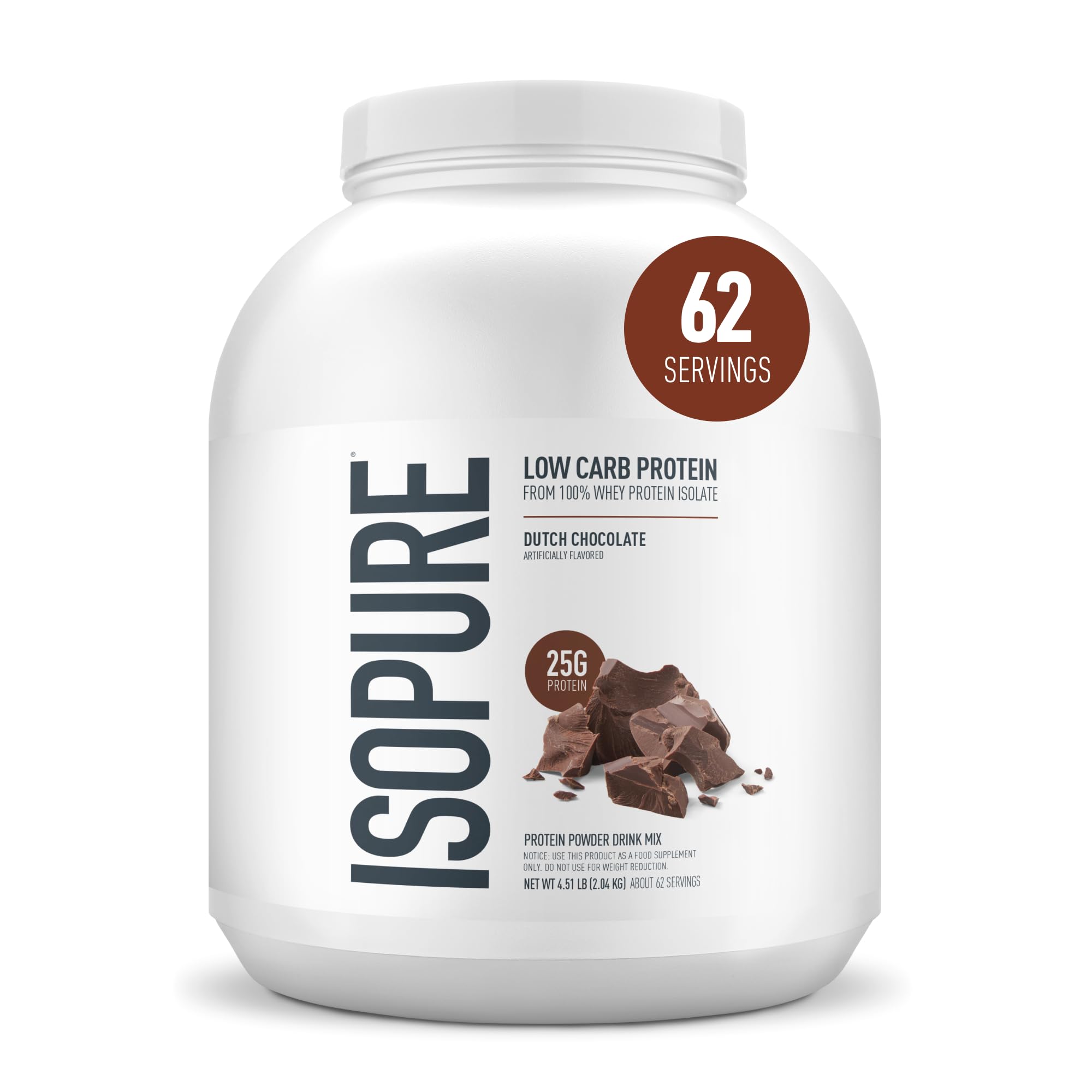 Isopure envase frontal Dutch Chocolate muestra presentación y sabor