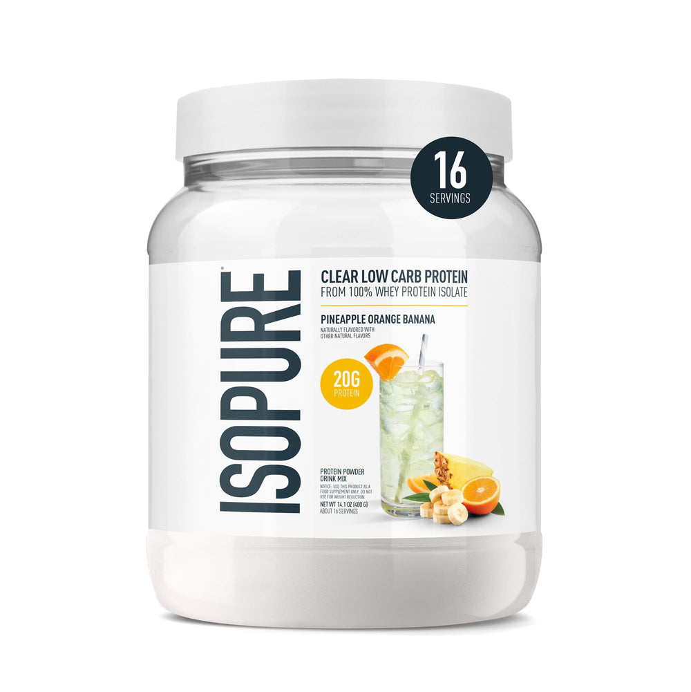 Isopure envase frontal sabor piña naranja banana mostrando etiqueta y beneficio proteico