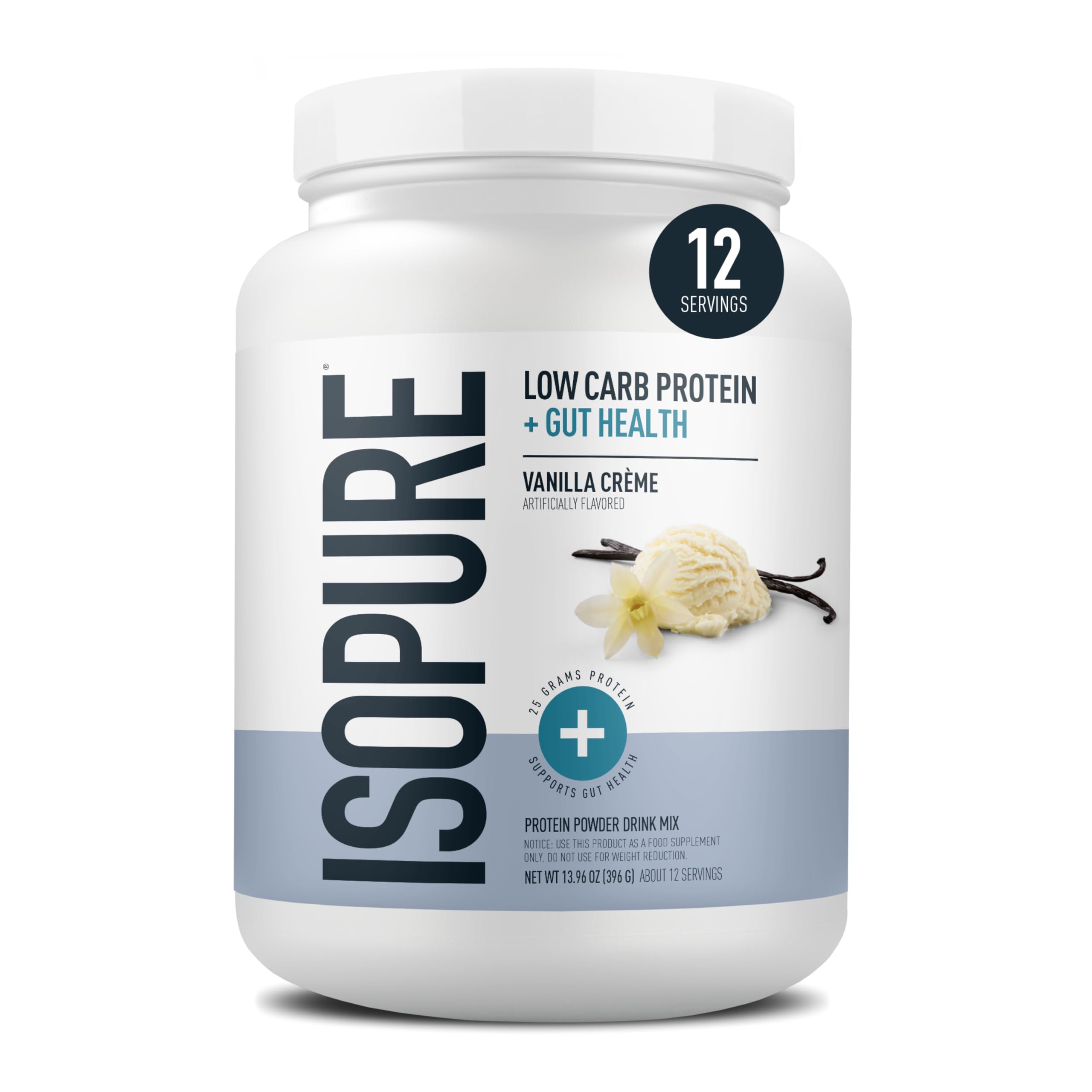 Isopure envase frontal Vainilla Crème que muestra la marca y beneficios nutricionales