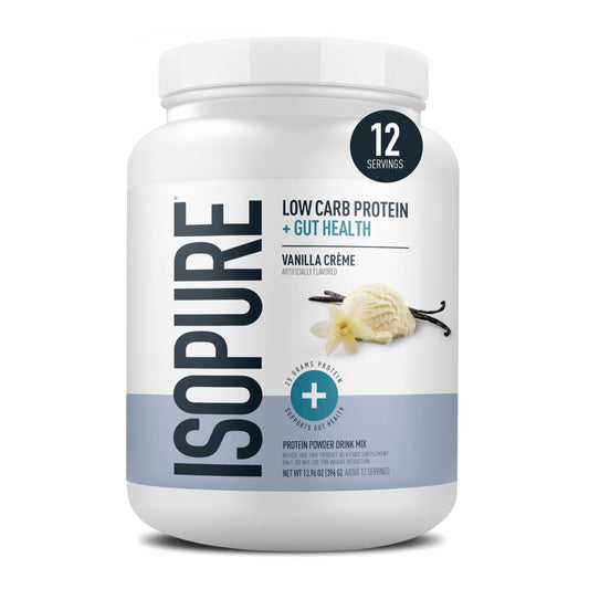 Isopure envase frontal Vainilla Crème que muestra la marca y beneficios nutricionales