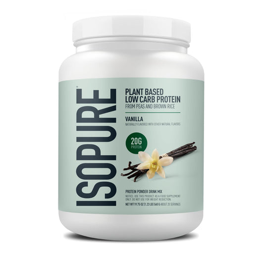 Isopure envase frontal vainilla mostrando proteína vegana y beneficios