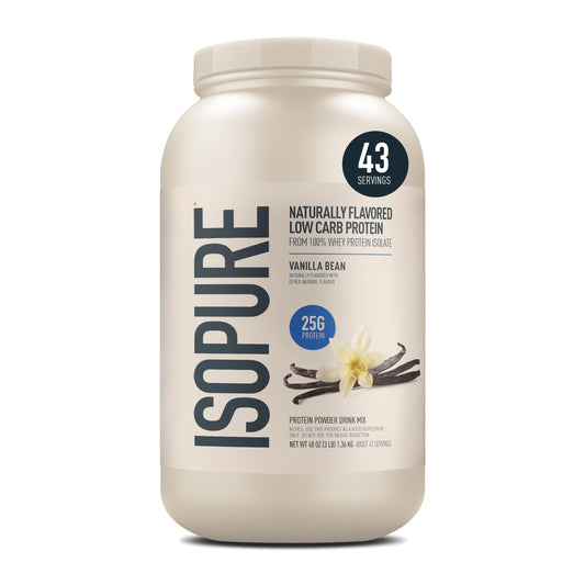 Isopure envase frontal de 3 lb mostrando la marca y sabor vainilla, conveniencia de 43 porciones