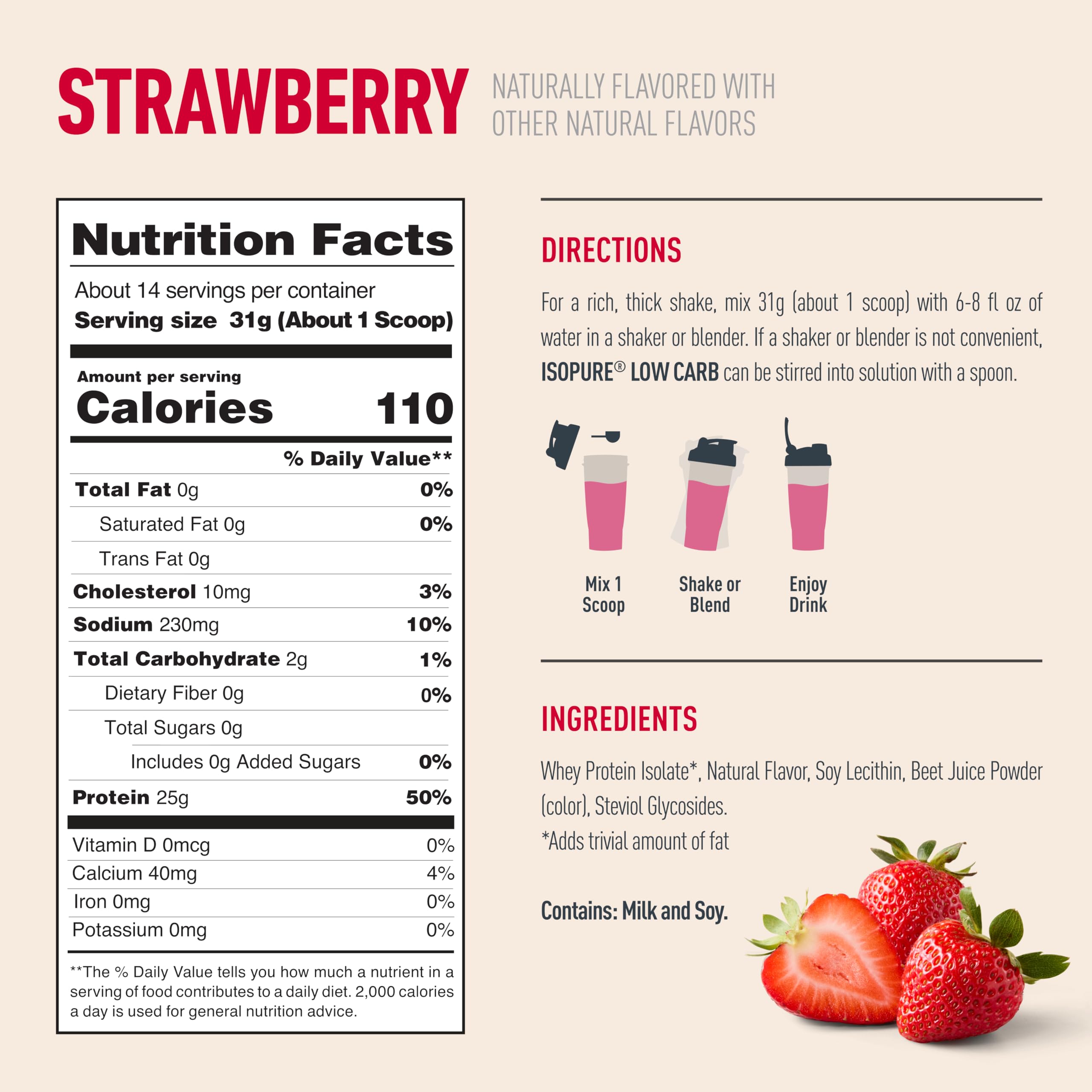 Isopure etiqueta nutricional con detalles de 0 g azúcar y vitaminas añadidas