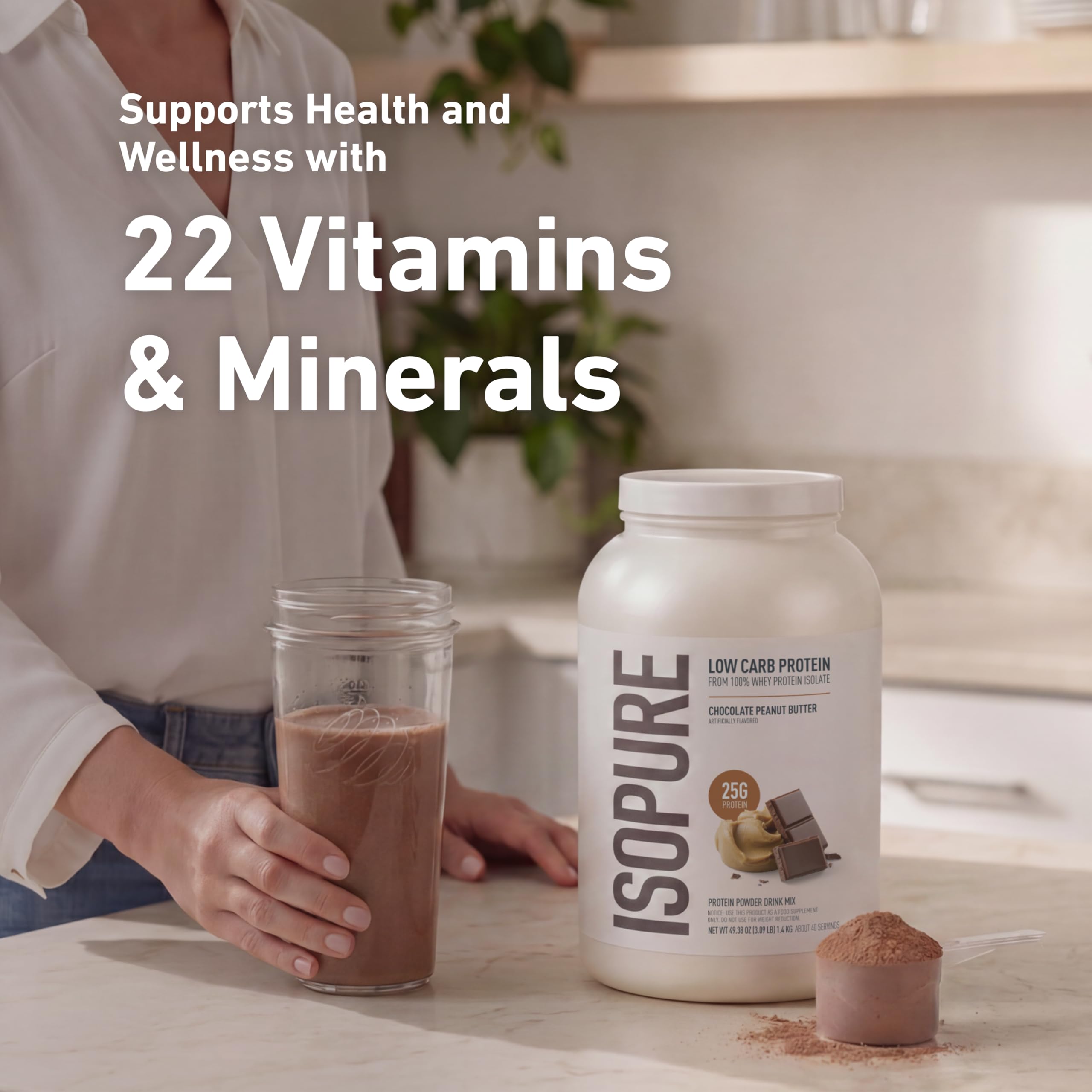 Isopure etiqueta nutricional visible, detalla vitaminas y 25 g proteína