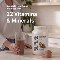 Isopure etiqueta nutricional visible, detalla vitaminas y 25 g proteína