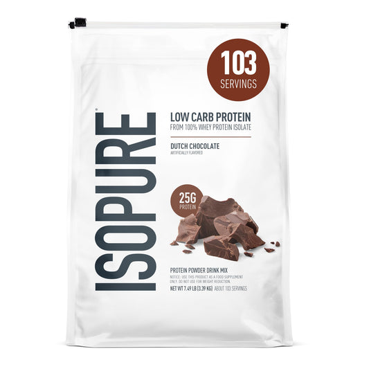 Isopure envase frontal Dutch Chocolate mostrando etiqueta clara y beneficios