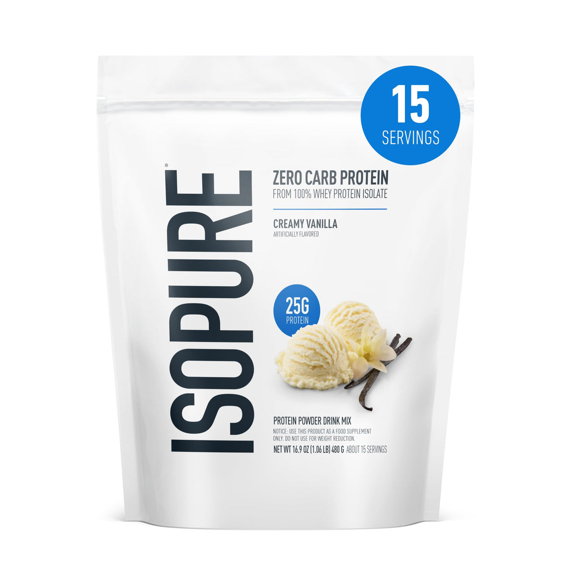 Isopure frente del empaque mostrando etiqueta y beneficio de proteína