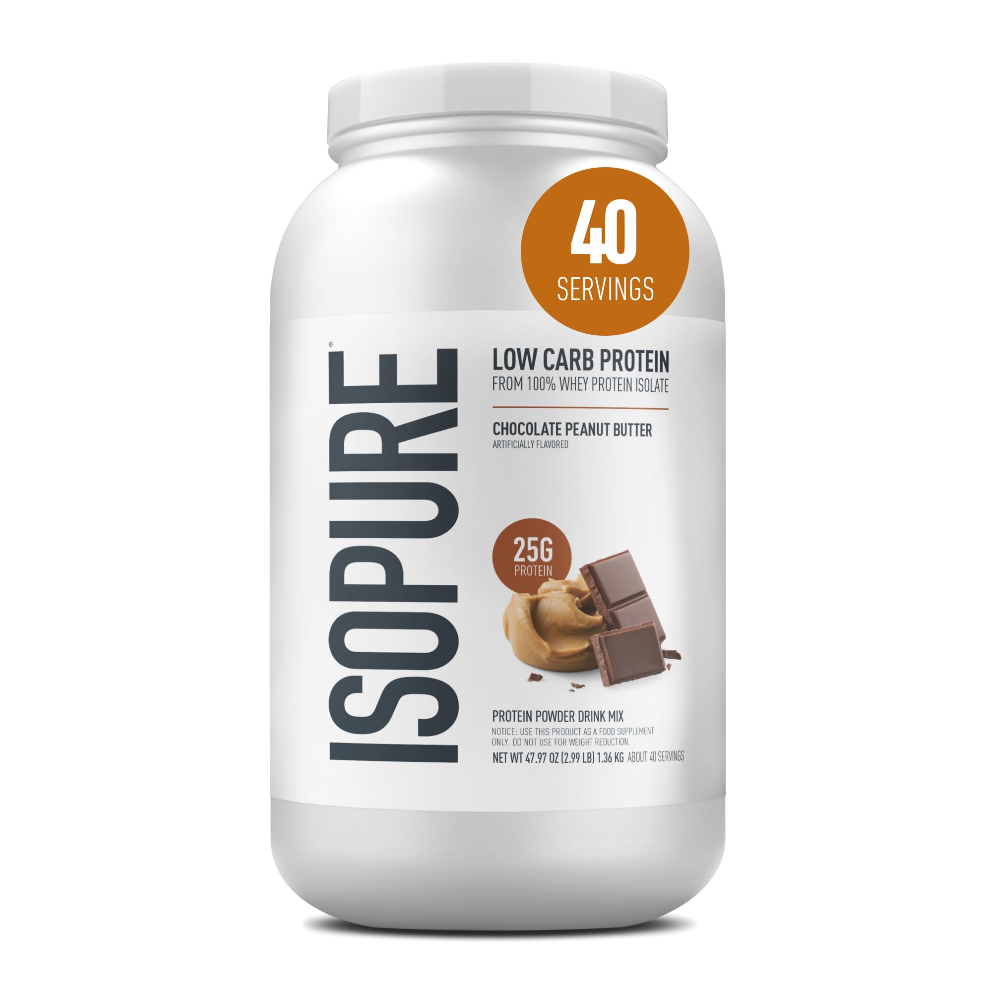 Isopure envase frontal Chocolate Peanut Butter, presenta beneficios proteicos claros