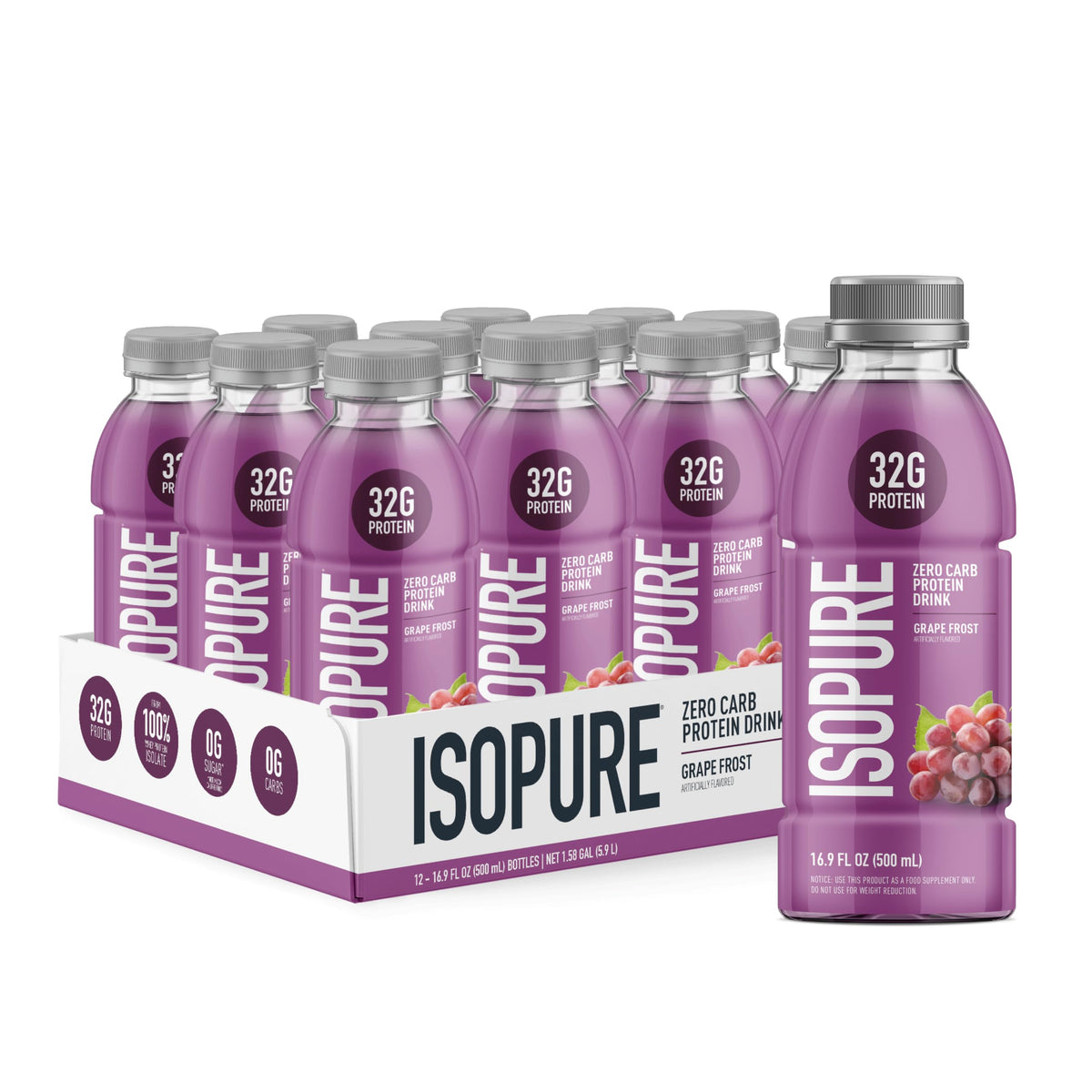 Isopure botella Grape Frost frente mostrando diseño y conveniencia