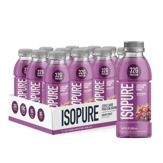 Isopure botella Grape Frost frente mostrando diseño y conveniencia