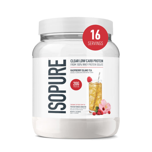 Isopure frente del envase Raspberry Island Tea con etiqueta clara y beneficio visual