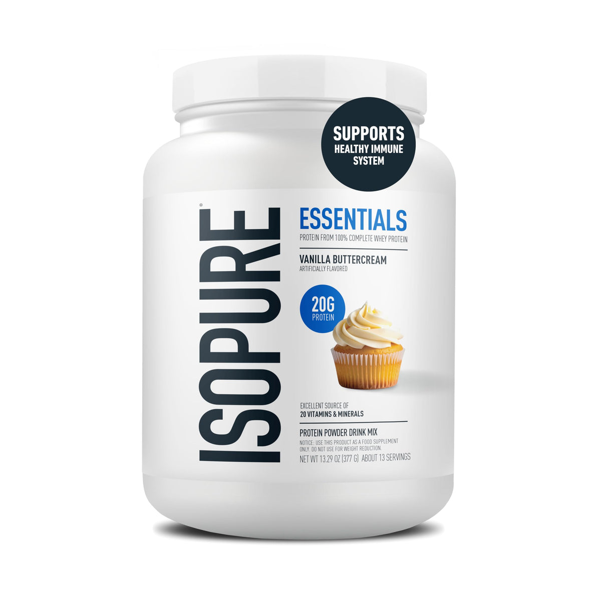 Isopure envase frontal Vainilla Buttercream mostrando marca y beneficio proteico
