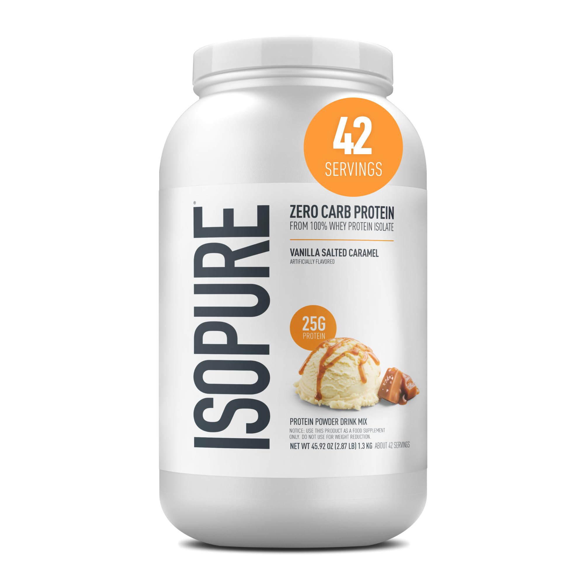 Isopure frente del envase mostrando sabor Vainilla Salted Caramel y porciones