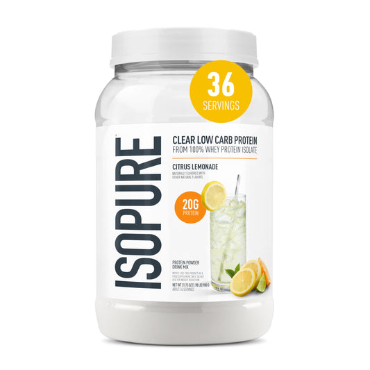 Isopure envase frontal mostrando la marca y beneficio de 20 g proteína