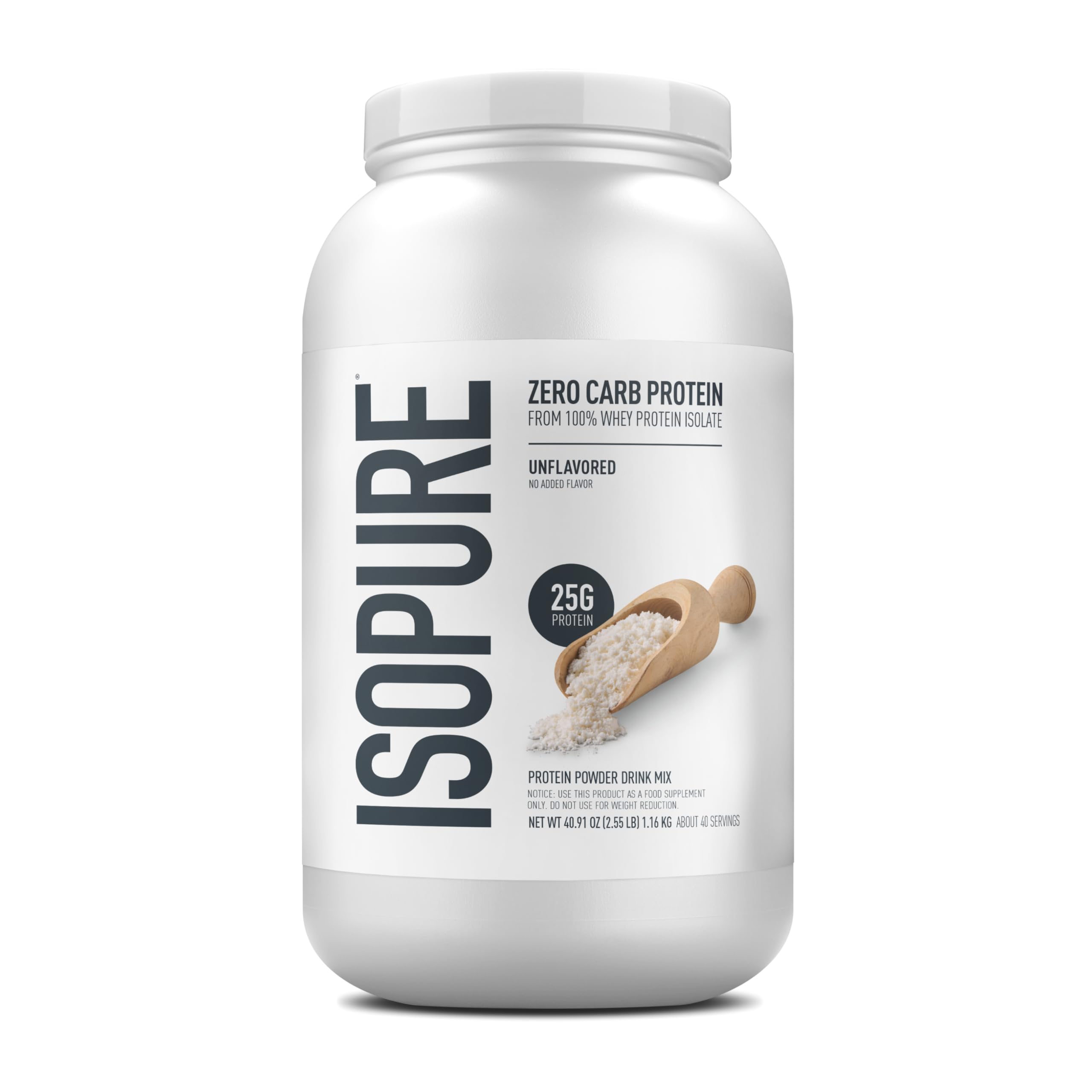 Isopure envase frontal muestra proteína pura y beneficio de 25 g por porción