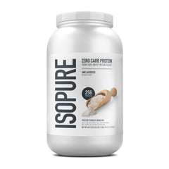 Isopure envase frontal muestra proteína pura y beneficio de 25 g por porción