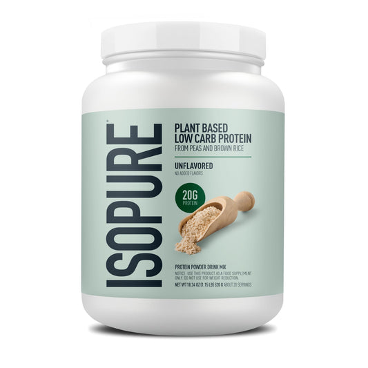 Isopure envase frontal que muestra la marca y aporte proteico