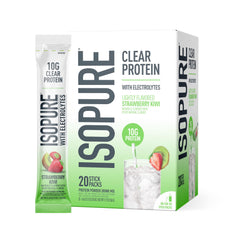 Isopure frente del paquete mostrando 20 sobres y beneficio portátil